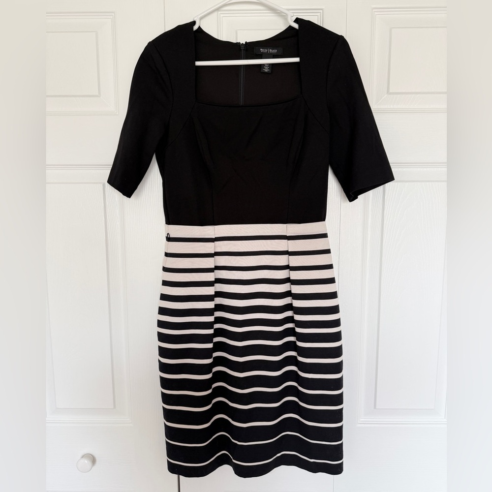 White House Black Market Black Stripe Dress Size 6 3/4 Sleeve Midi